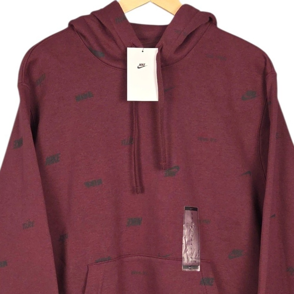 Nike Club Fleece‎ Hoodie Men Large Red Maroon Allover Logo Print Sweatshirt New